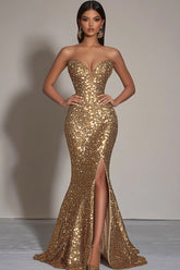 ZAPAKA Damen Funkelndes Golden Ballkleid Pailletten Trägerloses Meerjungfrauen Schlitz Langes Partykleid